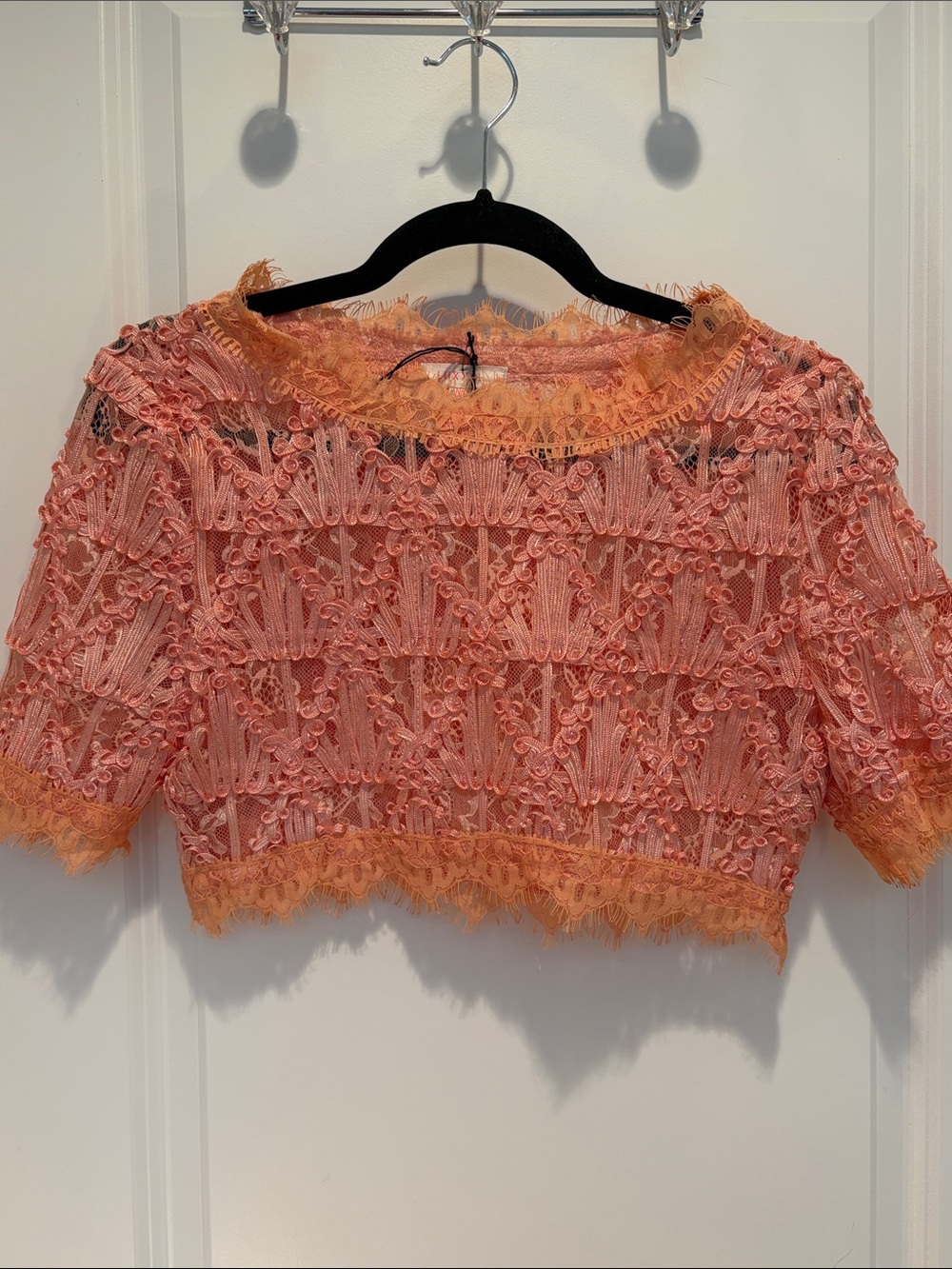 Luxxel Peach textured 3D Lace Crochet Crop Top